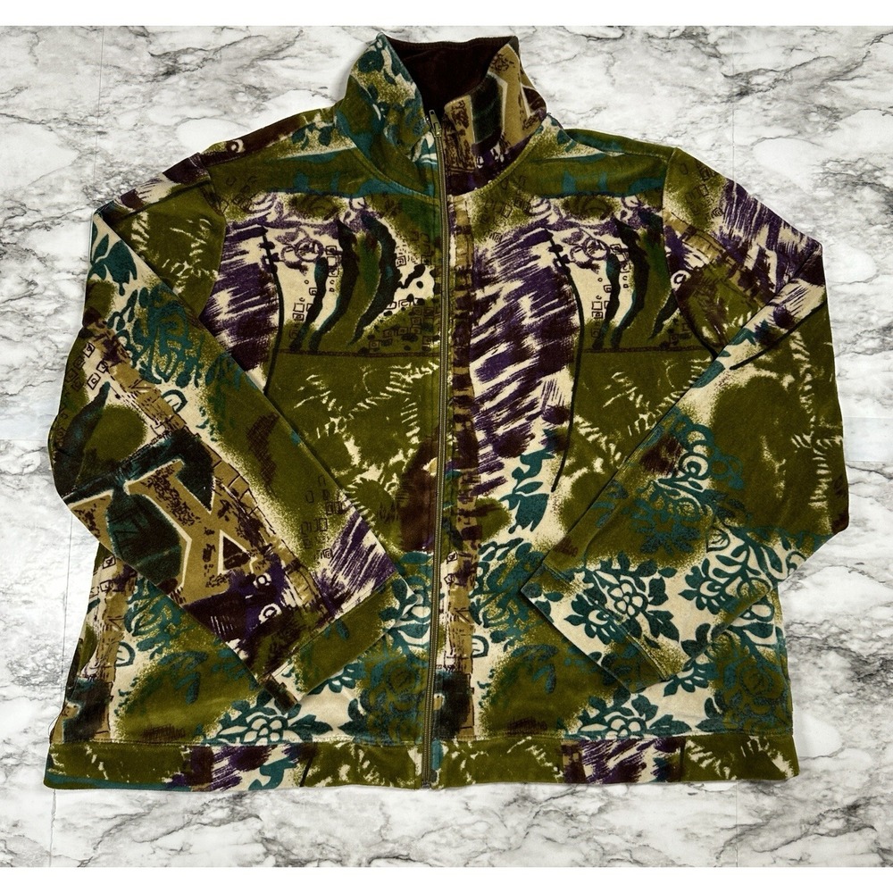 Kaktus Jacket Womens Size 2X Multicolor Green Floral Zip Mock Neck Fleece